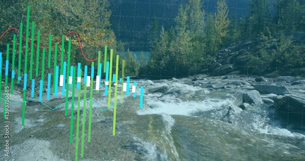 Poster graphs and data visualization animation over flowing river in nature