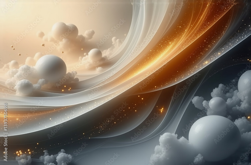 Poster abstract image with swirling clouds and sphere objects. golden light streaks contrast with the soft 