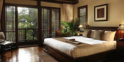 Luxury Hotel Room with Balcony Overlooking Lush Greenery | Interior Design and Architecture for Travel and Accommodation Marketing