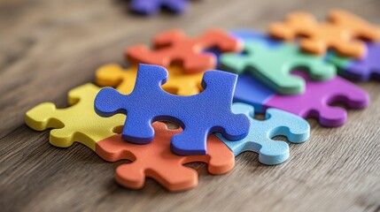 Colorful puzzle pieces, fitting together on wooden table, problem solving, teamwork concept