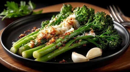 Roasted Broccoli with Parmesan Crisp Garlic Garnish Delicious Healthy Food Photography Green Vegetable Dish Recipe Image Culinary Art Food Styling    