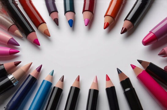 Assortment of colorful makeup pencils arranged in a circle on a white surface. Cosmetic tools for beauty and makeup concept. - Powered by Adobe
