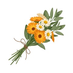 Herbal bouquet with calendula and chamomile flowers, isolated on white background