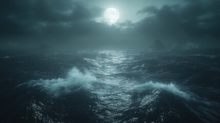 Moonlight stormy sea, dark clouds, distant isles