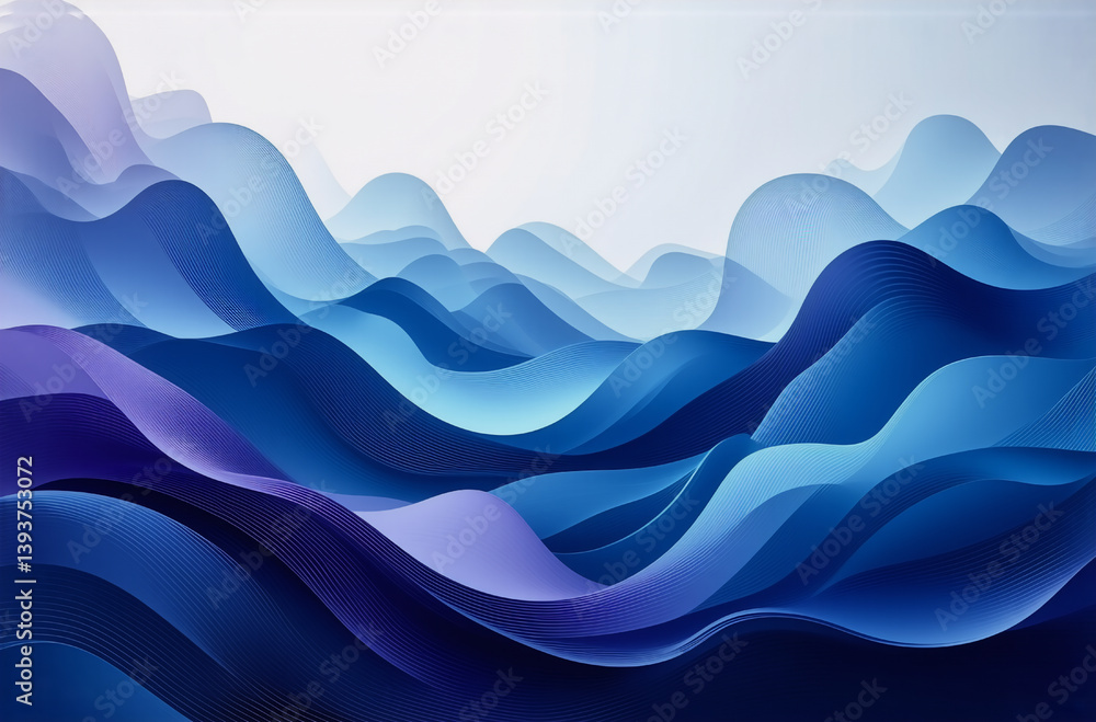Poster abstract waves in shades of blue and purple gently flow across a clean white backdrop. smooth, layer