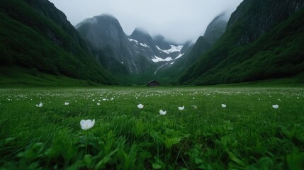 Fototapeta premium Misty mountain valley with wildflowers and cabin. Lush green valley, filled with white flowers, leads to a misty mountain pass. A small wooden cabin sits nestled in the valley,