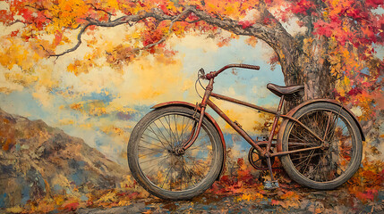 Fototapeta premium Rusty Bike Beneath Autumn Tree, Mountain Background