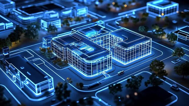 Futuristic city blueprint with luminous structures and advanced urban planning display
