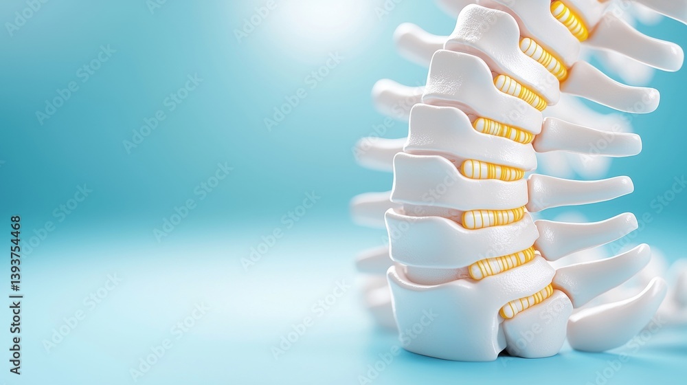 Poster a close-up view of a human spine model, showcasing vertebrae with highlighted discs against a soft b