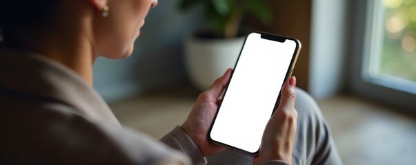 Woman sits with face downwards holding a blank mobile phone screen, technology, focus