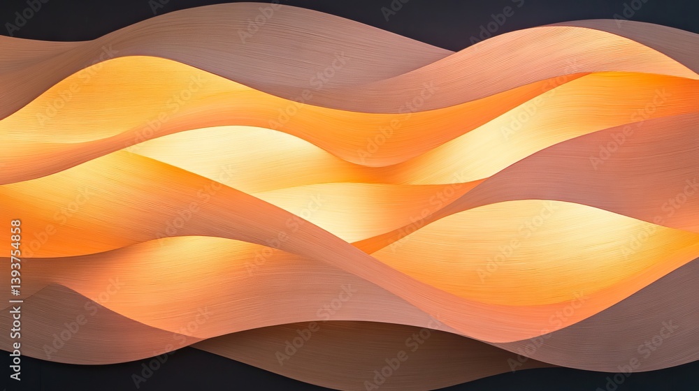 Poster wavy layers glow. curves are warm orange tones with texture. shadow and light interplay create an ab
