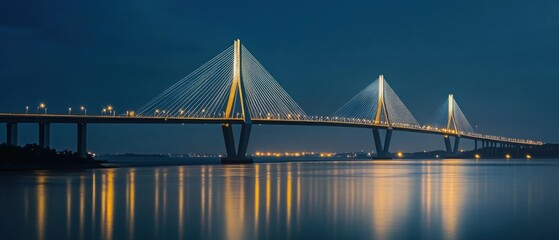 Fototapeta premium Modern Cable-Stayed Bridge Dramatically Illuminated at Night Reflected on Calm Water.