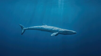 Naklejka premium Majestic whale glides through deep blue ocean. Sunlight beams through water