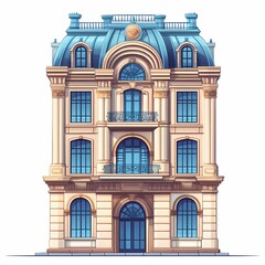 Fototapeta premium Classical Architecture: Ornate Townhouse Facade with Blue Roof in Urban Cityscape - A Symmetrical Iconic Landmark in Historical Housing Development