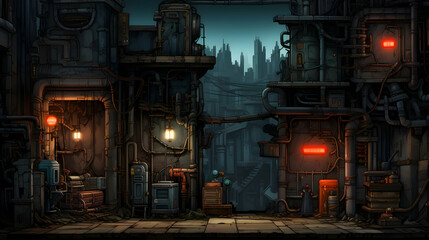 Obraz premium Industrial Cityscape with Rusty Metal Pipes and Architectural Structures in Dark Lighting