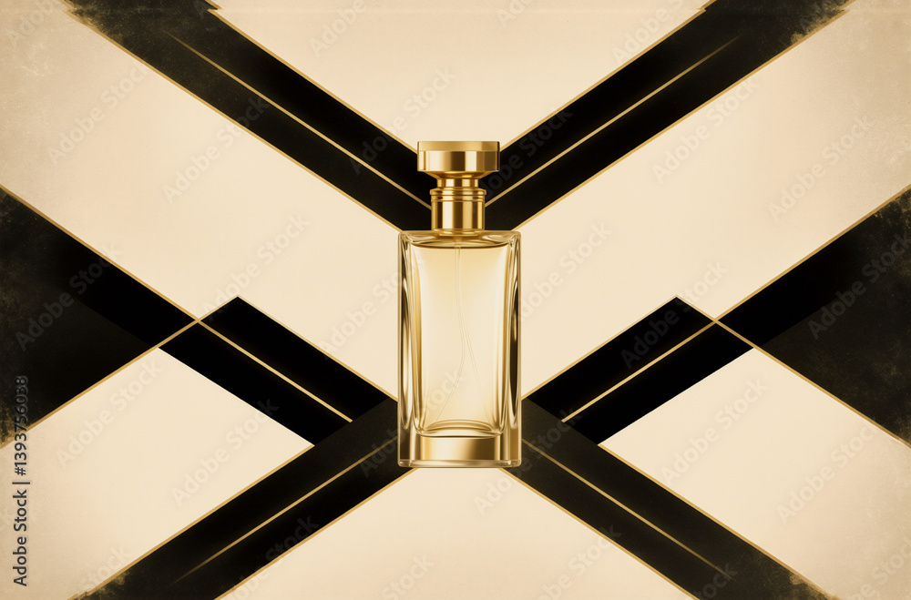 Poster elegant golden perfume bottle centered on a geometric pattern of beige and black. the bottle and cap