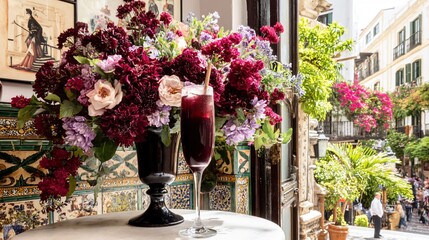 Naklejka premium Floral arrangement and drink on table against ornate doorway, sunny street view
