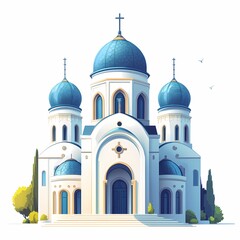 Fototapeta premium Greek Church Architecture Featuring Blue Domes and Octagonal Design – Iconic Landmark and Tourist Attraction in European Sunny Landscape