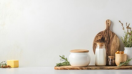 Ceramic butter dish with lid, rustic and cozy kitchen setting, clean white backdrop