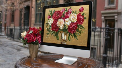 Red and White Peony Bouquet on Computer Screen in City Setting