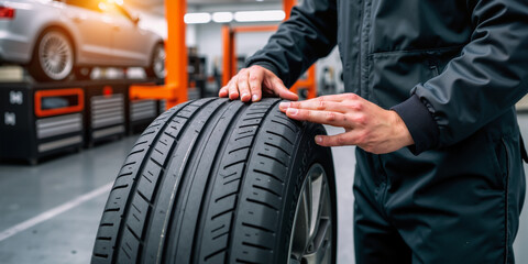 Car care check, tire tread safety. Expert auto repair tools Detail brake work, change rubber wheel. New axle service, rim wear fix job. Clean oil grease shop garage. Safe road ride, man hands close up