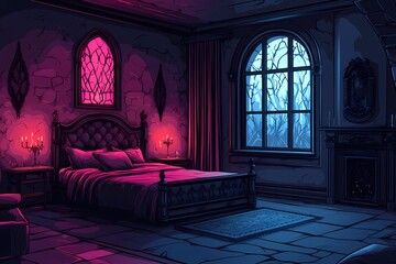Cozy Victorian Bedroom Interior: Moody Night Shadow Lighting with Elegant Curtains and Antique Furniture