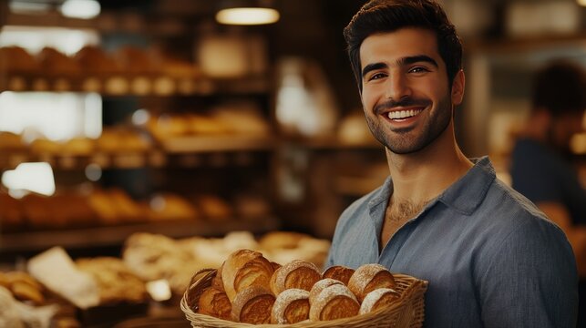 Handsome young man smiling in a bakery while holding a basket of assorted fresh bread with shelves of baked goods in the background - Powered by Adobe