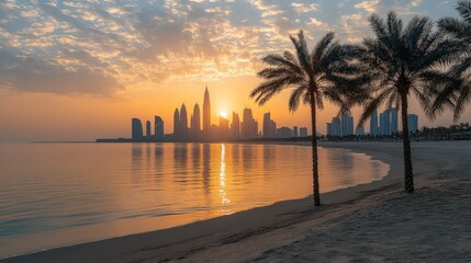 Obraz premium Sunrise over city skyline, serene beach