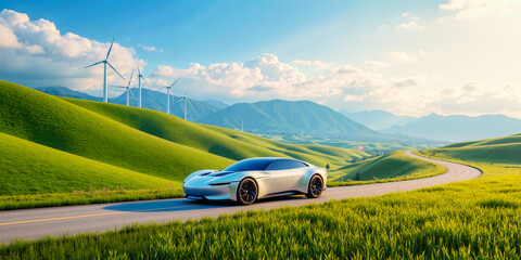 Sleek car hybrid design, scenic speed road. Wind energy power Modern motor eco tech, zero clean drive. Open nature, lush green hills. Curve deep valley View farm grass lines. Travel future smooth ride