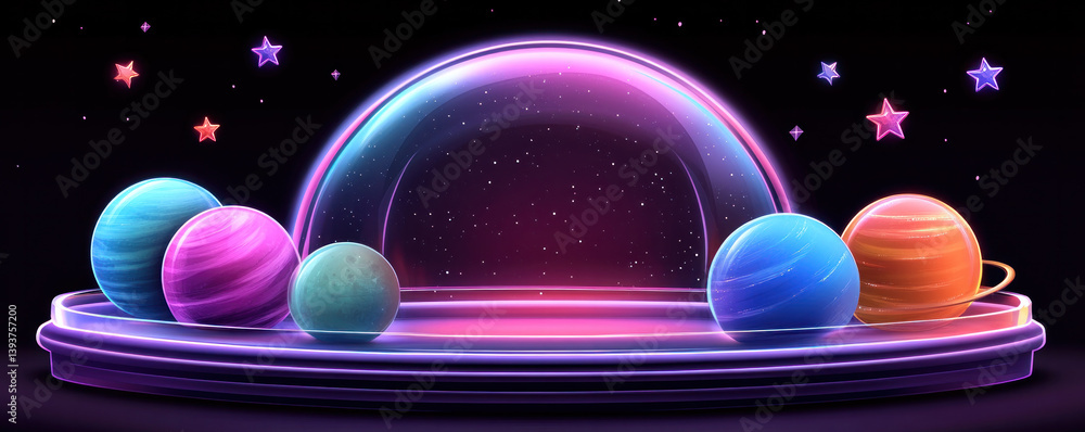 Poster a colorful display of planets in a glass dome. the planets are arranged in a row, with the largest o