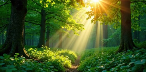 Obraz premium Warm sunlight filters through the dense foliage of a lush green forest, casting dappled patterns on the forest floor, woods, forest