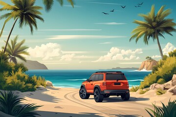 Tropical Off-Road Adventure: Vintage Car Driving on a Coastal Beach at Sunset