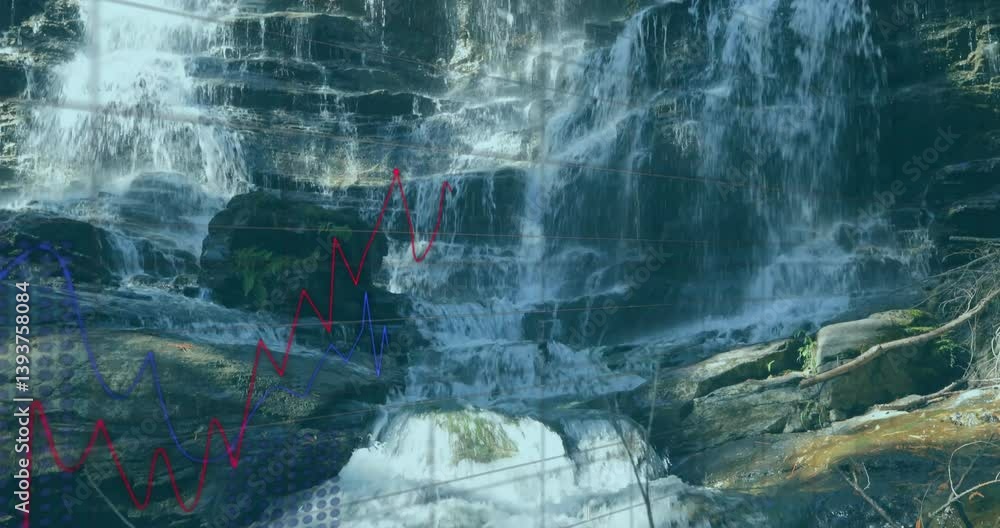 Poster financial graphs and percentages overlayed on cascading waterfall over rocks animation