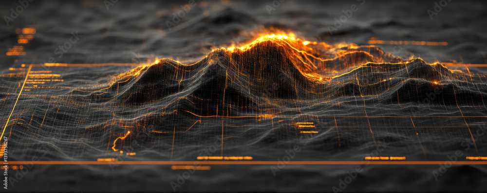 Poster a black and orange image of a mountain range with a dark blue background. the image is of a computer