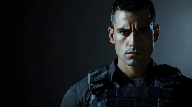 Intense portrait of a man with a stern expression, wearing a tactical vest against a dark backdrop, conveying strength and determination.