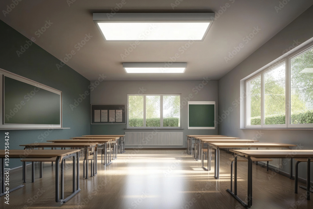 Poster a classroom with a blackboard and a row of desks. the room is empty and the light is on