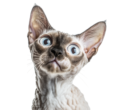 Cute Devon Rex Cat Portrait - A curly-haired Devon Rex cat with a quirky expression against a transparent background. Ideal for pet designs, stickers, or playful visuals.