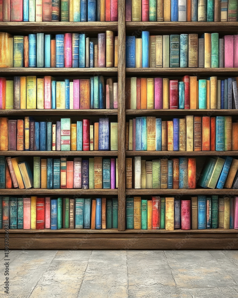 Poster a bookcase filled with books of various colors and sizes. the books are arranged in a way that creat