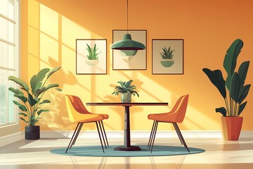Modern Decor and Interior Design: Bright Sunlit Home Furnishings with Indoor Plants and Stylish Furniture