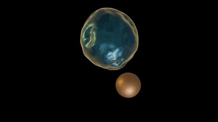 Moon orbiting liquid planet. Tidal forces. Solid spherical object gravitational influence on liquid sphere. Small ball orbits and deforms larger one. 3d render illustration.