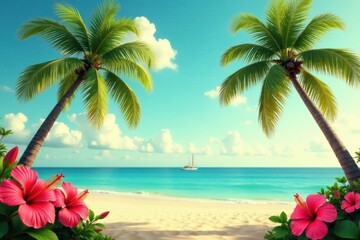 Vintage postcard-style image of palm trees and hibiscus flowers against a warm sandy beach backdrop, hibiscus flowers, tropical island