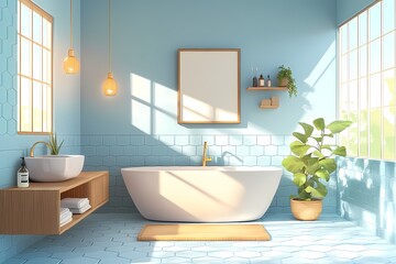 Modern Bathroom Interior Design with Blue Walls and Natural Light for a Chic and Relaxing Zen Atmosphere