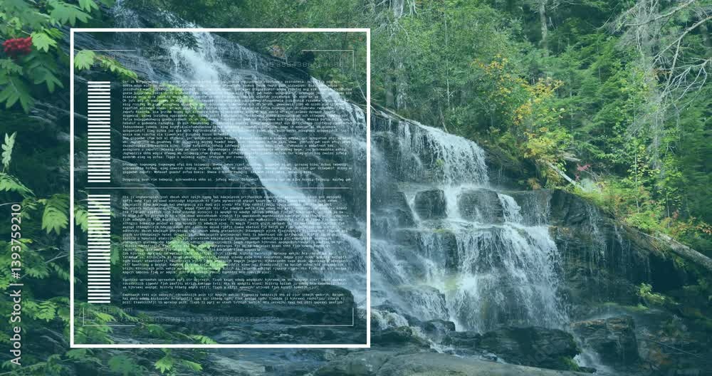 Poster flowing waterfall over rocks with digital text and data animation overlay