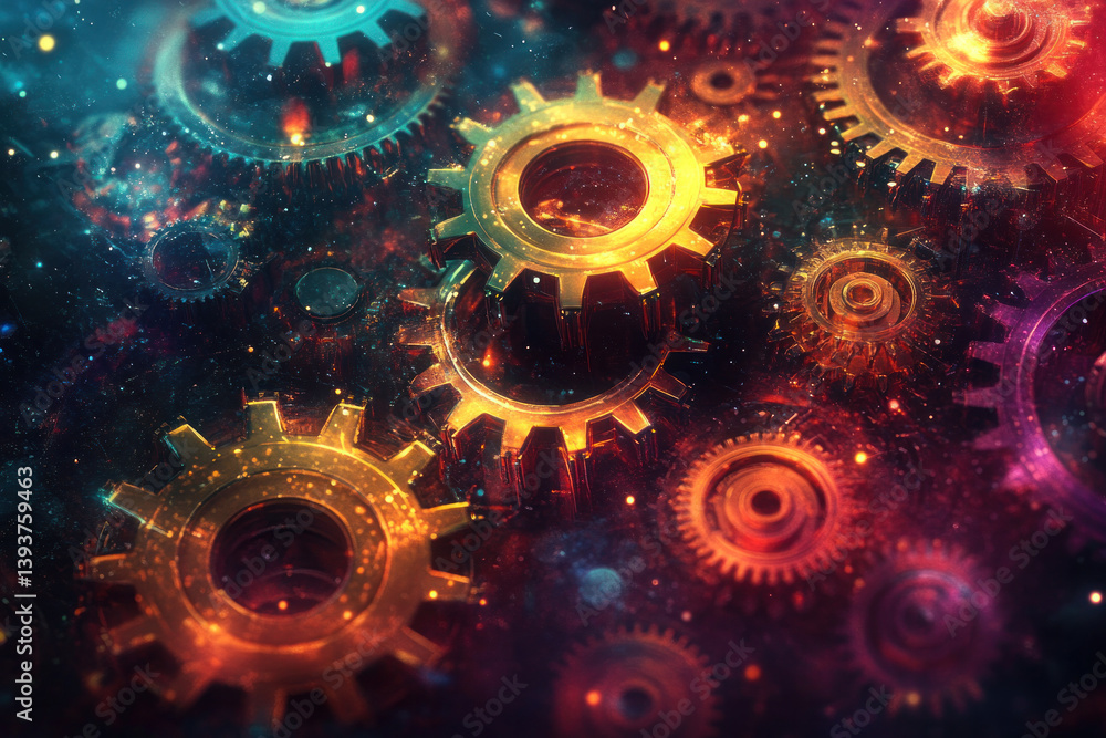 Poster a colorful image of gears with a space background. the gears are of different sizes and colors, and 