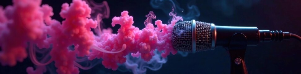 Fototapeta premium Vibrant smoke swirls around a microphone on a black background, creating a mesmerizing effect, , black background