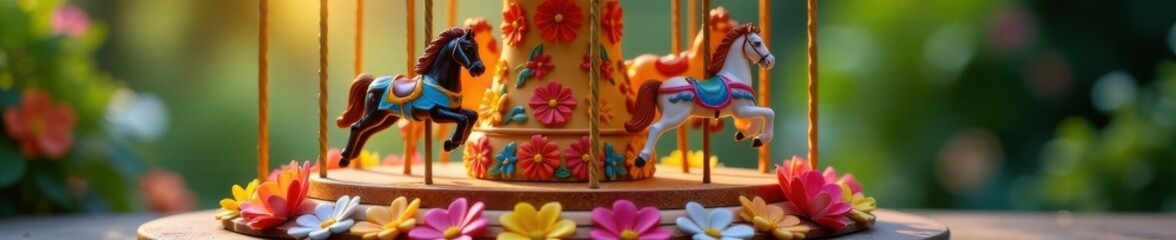 Vibrant floral carousel on wooden base, rotating colorful blooms in various stages of bloom, flowers, garden