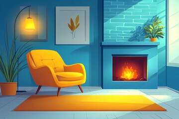 Cozy Modern Living Room Interior Design with Blue Wall and Yellow Chair, Featuring Indoor Plants and Elegant Home Decor