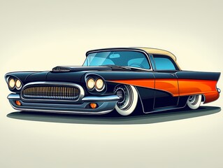 Classic Car Illustration: Vintage Automobile Art with Black and Orange Hot Rod Design for Car Enthusiasts