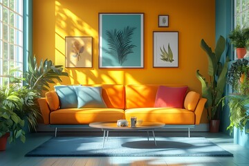 Bright and Cozy Living Room with Orange Sofa and Indoor Plants: Modern Home Decor and Vibrant Interiors