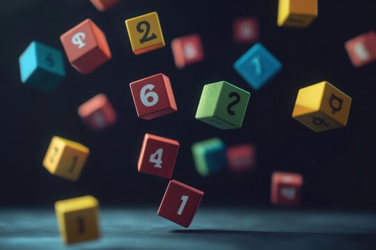 Falling math cubes with numbers and symbols on dramatic dark surface - Powered by Adobe